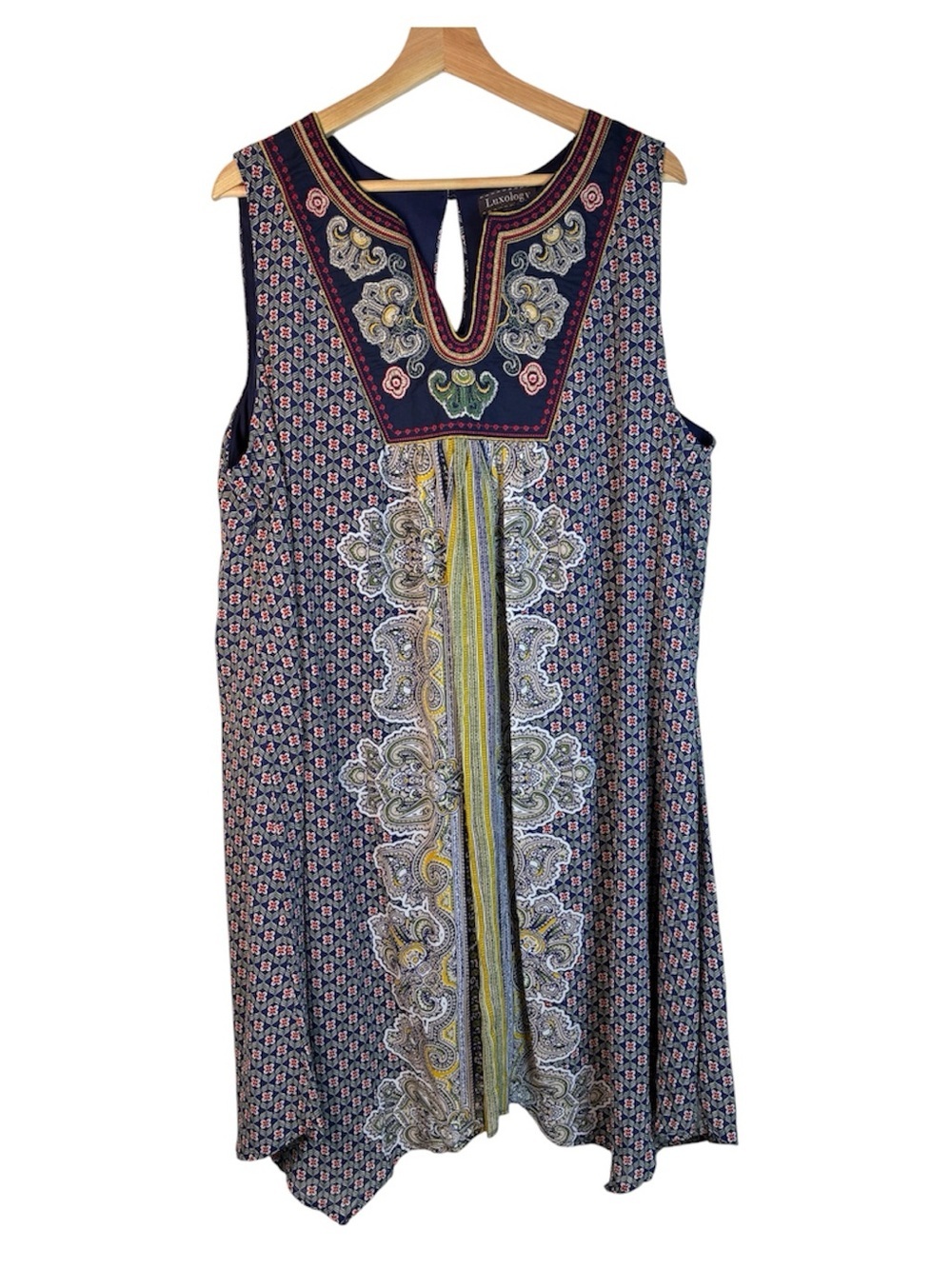 Luxology Dress 2X Sleeveless Floral Embroidered Handkerchief Hem Boho